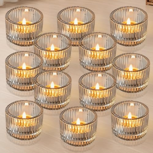 Spetsbst 12 Stück Teelichthalter, Teelichtgläser Klare Kerzenhalter Glas Verdickt Kerzenhalter, 5.3 x 3.4 cm Kerzengläser Teelichthalter für Home und Hochzeit Decoration Tischdeko