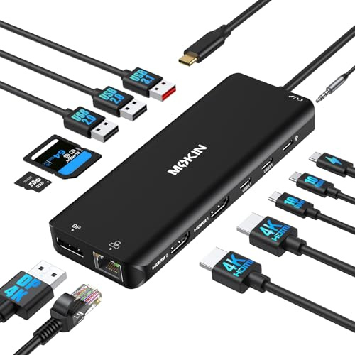 Estación de acoplamiento USB C para ordenador portátil, doble monitor, doble HDMI, 4K DP, concentrador de triple pantalla, 13 en 1 MOKiN USB C, con 3 monitores, DisplayPort, USB 3.1, RJ45, 100W PD