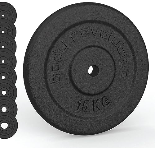 Body Revolution Solid Cast Iron Weight Plates - Set for 1 inch/25mm Barbells and Dumbbells - Strength Training and Body Building Equipment for Men and Women, 0.5kg - 25kg Pairs