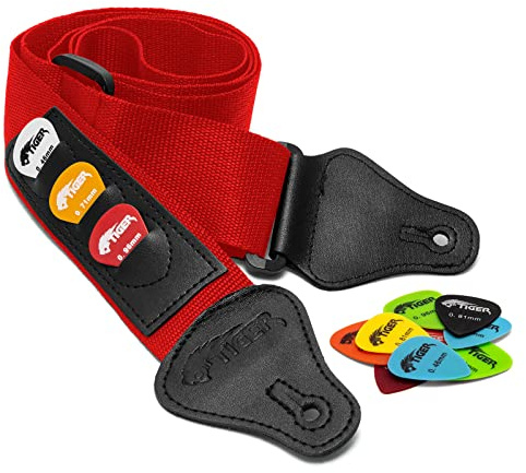 Tiger röd nylon gitarrrem med paket med 12 gratis plektrum