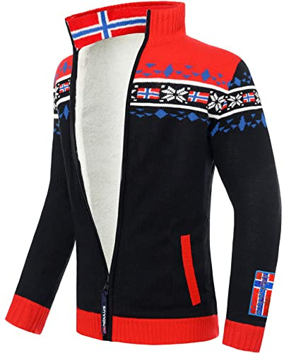 Nebulus Chaqueta de punto canadiense para hombre con cuello alto, suéter con cremallera en aspecto noruego, negro, rojo, M