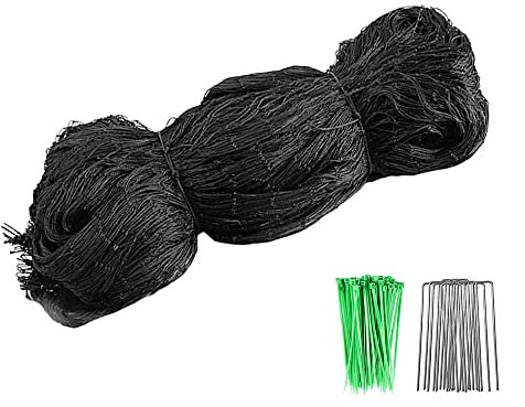 Filet Anti Oiseaux 7.5 x 15 m, GROOFOO Filet Protection Oiseaux, Jardin Filet Arbre Fruitier avec 10 Pcs Piquets de Jardin et 30 Pcs Attaches de Câble pour Plante, Arbre, Fruit, Légume, Étang - Noir