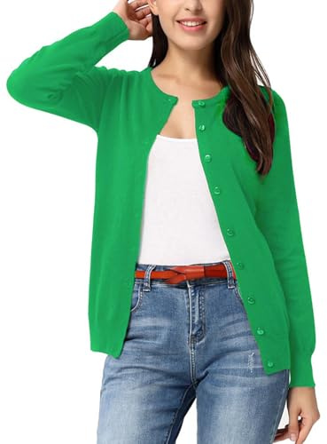 GRACE KARIN Women's Long Sleeve Green Cardigan Sweaters Lightweight Soft Knit Crewneck Button Down Cardigans Casual L