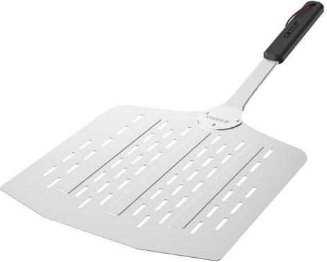 Cozze® lätt perforerad pizzaspade 76 cm – 35x40 cm aluminiumblad (1,5 mm) – softgrip-handtag (rostfritt stål/plast) – minskar bränt mjöl – läderrem för upphängning – LFGB livsmedelsgodkänd