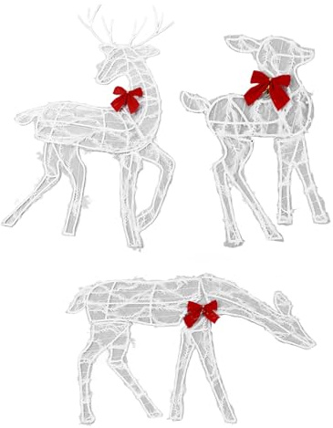 Fockety Juego de Ciervos Iluminados, Juego de 3 Ciervos Al Aire Libre para Decoración Navideña con Luces LED, Lazos Rojos Familia de Renos Reno de Navidad, para Interior o Exterior