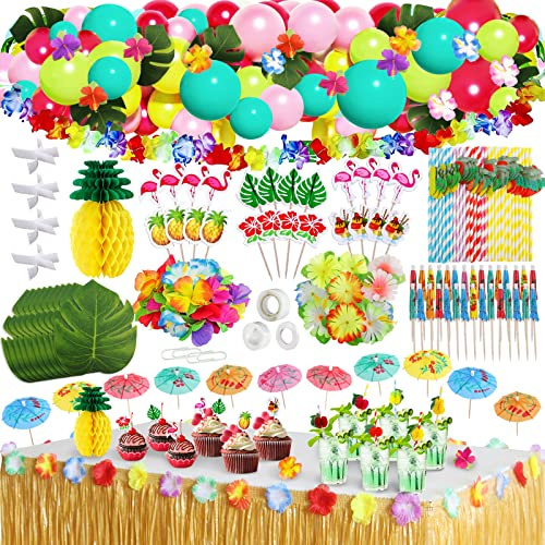 Frasheng 159 Pezzi Gonna Tavolo Hawaiana Tovaglia da Tavolo Set, Foglie di Palma Fiori Hawaiani Cake Topper per Il Partito Luau Hawaiano Decorazioni da Tavola,Festa Hawaiana,Ghirlanda Hawaiana