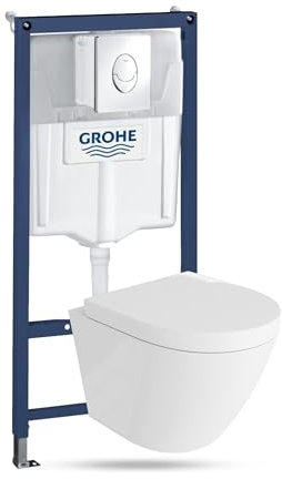 LAVITA Vorwandelement Solido Start + Wand Hänge WC Sogo Weiß Spülrandlos + + WC Sitz mit Absenkautomatik Verchromter Knopf Komplettset Unterputz Spülkasten Toilette Komplett Sett WC