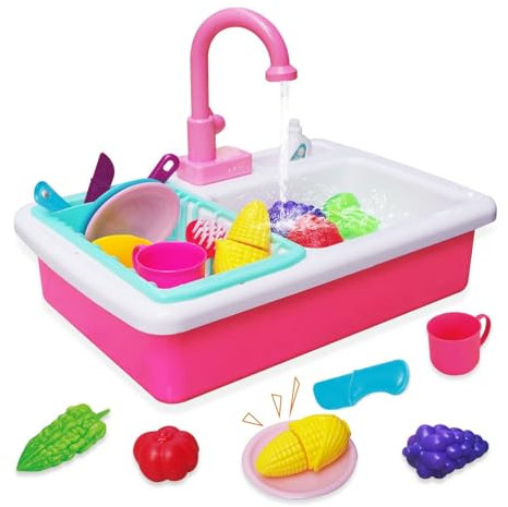 Küchenspüle Spielzeug Set mit Wasserkreislauf, Spielspüle Kinder mit Fließendem Wasser, Matschküche Kinderküche Zubehör, Obst und Gemüse Spielzeug, Rollenspiel für Jungen und Mädchen ab 3 Jahre (Rosa)