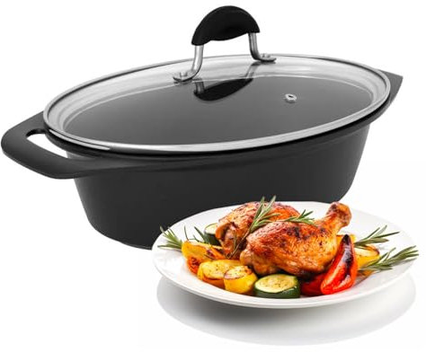 Avilia Casseruola Ovale Antiaderente - Pentola con Coperchio in Vetro, Adatta a Piano Cottura ad Induzione, Gas ed Elettrico, in Petravera, 32x24cm