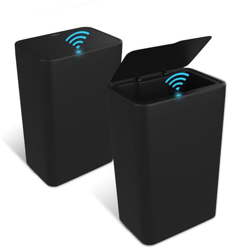 Naisu 2 Pack 4 Gal Bathroom Trash Can with Lid,Automatic Garbage Can with Touchless and Sealed Design,Slim Motion Sensor Waterproof Plastic Trash Bin Suitable for Bedrooms,Bathrooms,Kitchens,（Black）