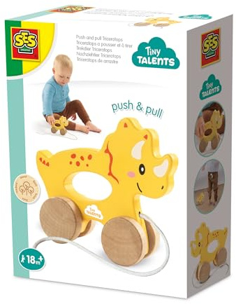 SES Creative 13203 Jouet à Tirer Tricératops en Bois 2-en-1 - Jeu Créatif pour Enfants dès 18 Mois - Utilisable comme Jouet à Tirer ou à Pousser - Stimule la Coordination, Jaune