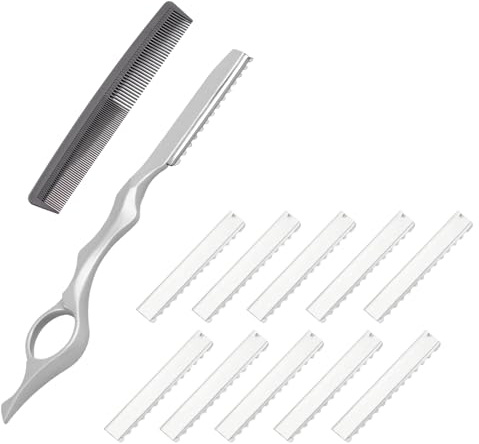 Rasoio Sfoltimento Pro-Grade con 10 Lame di Ricambio, Forbici Professionali Rasoio Pettine Diradamento Capelli, Feather Hair Styling Razor Adatto a Tous Les Styles (Argento)