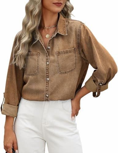 CMTOP Chemise Femme à Manches Longues Chemisier Jeans Chic et Élégant Blouses Col en V Décontracté Veste en Jean Hauts Bouton Tunique Tops avec Poche Automne Printemps (Marron, L)