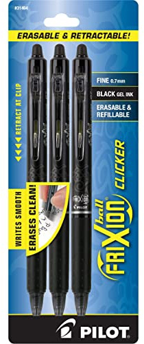 PILOT FriXion Clicker Erasable Pens, Refillable & Retractable Gel Ink Pens, Fine Point 0.7 mm, Black Ink, 3-Pack - Ideal for School, Journaling, & Office Writing