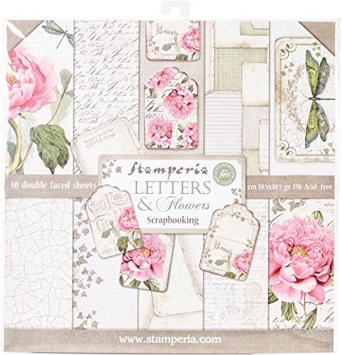Stamperia Intl Letters & Flowers Double Sided Paper Pad (10/Pack), 12 x 12,Pink/Green