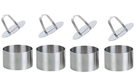 Dessertringe und Speiseringe,Kuchenringe,Speiseringe Edelstahl Kuchen Ringe Dessert Formen,Edelstahl Speisering Stamper Essen Kochen,KuchenForm Kuchen Schimmel 4 Ringe+ 4 Lebensmittel Pressen – 8 cm