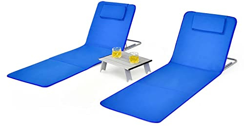 COSTWAY Uppsättning av 2 strandmattor med sidobord, kudde och förvaringsfack, liggmatta med justerbart ryggstöd, vikbar solmatta, lätt, bärbar, strandstol för stranden (blå)