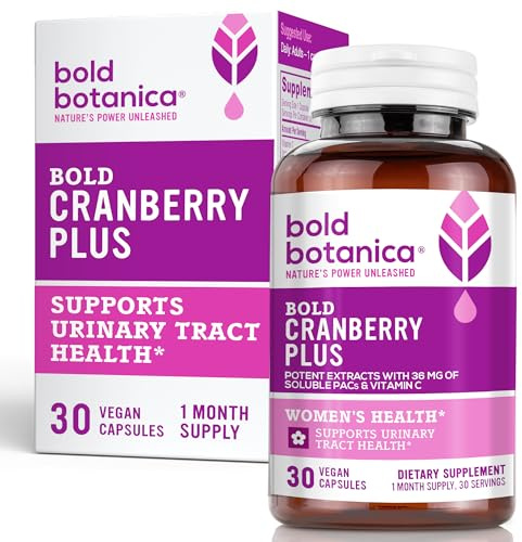 Bold Cranberry Plus Capsules - 100% Soluble 36mg PACs - Cranberry Pills for Women & Men with Urinary Tract Support, Non-GMO Vitamin C — 30 Vegan Capsules, 1 Month Supply