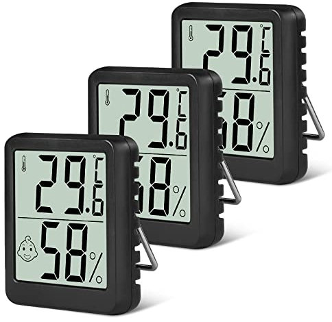 Flintronic Thermometer Hygrometer, 3PCS Digital Mini Thermometer and Hygrometer with Metal Stand, Thermohygrometer with Smile Face Indicating Data for Indoor, Living Room, Baby Room, Office (Black)