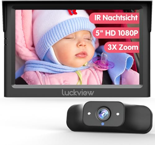 Luckview Rétroviseur de voiture pour bébé avec écran HD 5 1080P et vision nocturne infrarouge, caméra de siège arrière avec zoom 3X, rotation à 360°, installation facile