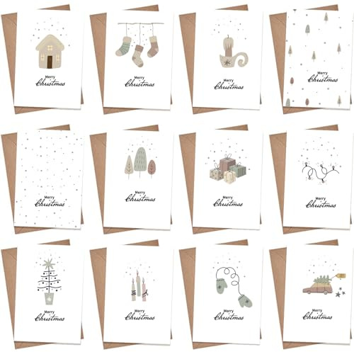 FiveMileBro 12 Pezzi biglietti di natale, biglietto auguri natale con busta e adesivi, cartoline di natale - 12 motivi, biglietto di auguri semplice ed elegante per famiglia, amici e colleghi (B)