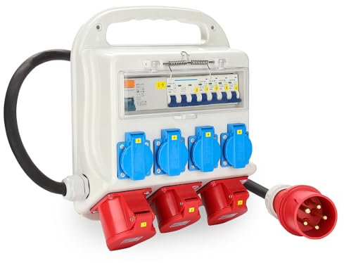 Tubiaz Baustromverteiler 32a, Stromverteiler 4x230V 2x16A 1x32A 400V CEE, Wandverteiler mit FI Schalter LS Schalter, Stromverteiler IP44 mit Sicherheitsklappdeckeln und Leitung