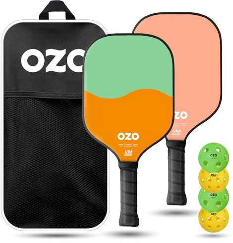 OZO Pickleball - Set mit 4 Schlägern, 4 Bällen und Tasche - Spark Anfänger Hybrid-Schläger + Spark Anfänger Kontroll-Schläger + 4 Injektionsbälle (2X Indoor + 2X Outdoor)
