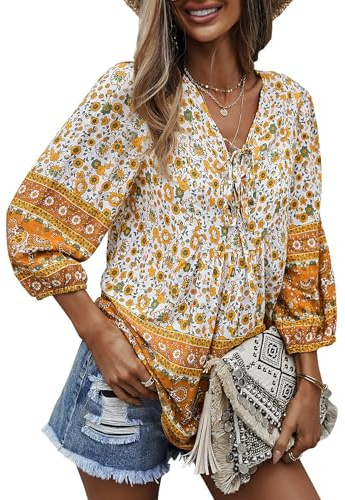 CNTSFS Chemisier pour Femme élégant décontracté Style bohème col en V Motif Floral Tunique Ample à Manches Longues été