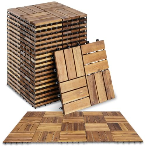 tectake® Holzfliesen, Holz Fliesen wetterfest, Bodenbelag für Wintergarten, Bodenfliesen, Balkonboden, Boden Trittsteine Garten, Terrassenfliesen mit Klicksystem, Drainage - 20er Set/12er Lamellen