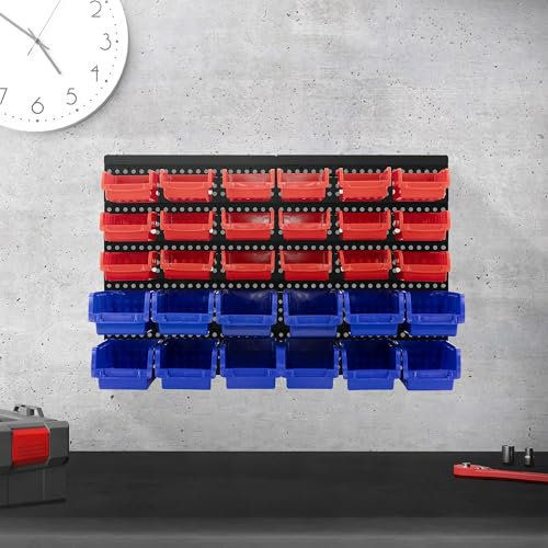 ECD Germany Wandregal mit Stapelboxen 30-tlg Blau-Rot, 18 kleine/12 große Schütten mit Etikettenfach, Werkstattregal erweiterbar Kleinteilemagazin Lagersystem Lagerregal Schüttenregal Sichtlagerkästen