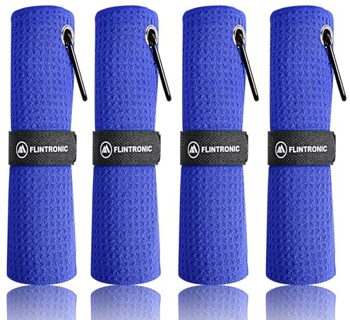flintronic 4 PCS Asciugamano da Golf in Microfibra, Asciugamani da Golf Multifunzione Portatili con Moschettone per Sacche da Golf Fitness Sport Yoga All'aperto