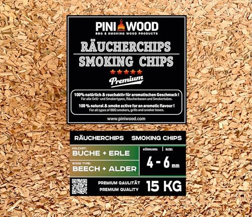 PINI Copeaux de fumage en hêtre et aulne - 15 kg - Mélange de copeaux de fumage - 4-6 mm