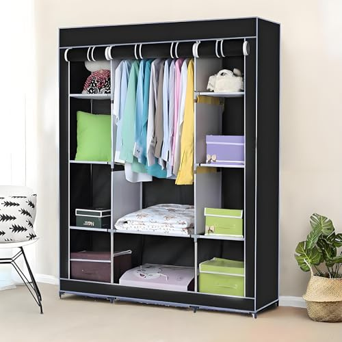 JF HOME BLISS Canvas Wardrobe 125 x 45 x 165 cm Foldable Clothes Storage Cabinet with Hanging Crossbar Fabric Closet Organizer for Bedroom Living Room and More (Black)