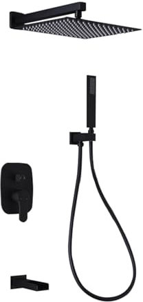 Ducha Empotrada Monomando Conjunto Ducha con Cabezal de Ducha Lluvia Cuadrado 12'' Boquilla de Bañera Ducha de Mano,negro