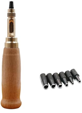 Adjustable Leather Hole Punching Tool, Fyrcomft Automatic Puncher with Wooden Handle Hollow Hole Punch with 6 Tips Size (1.5mm/2mm/2.5mm/3mm/3.5mm/4mm) for Leather Belt
