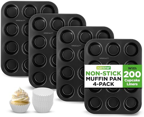 NutriChef Moldes para magdalenas para hornear, 4 unidades, antiadherentes, 12 moldes para cupcakes, bandejas apilables de acero al carbono, aptas para lavavajillas y horno, incluye 200 forros de papel