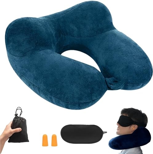 VPAFPEKG Almohada de Viaje Hinchable, Almohada Inflable del Viaje, Cojín Inflable del Cuello de Viaje con Máscara de Ojos y Tapones, Portátil Almohada Viaje Cuello Hinchable para Avión, Tren, Oficina