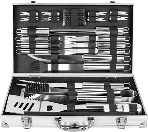 FREEAMG 30pcs BBQ Grill Tool Set with Case, Heavy Duty Stainless Steel Grill Utensils Set for Men, Complete BBQ Set, BBQ Accessories Set for Outdoor Camping, Cooking and Barbecue Parties (Silver)