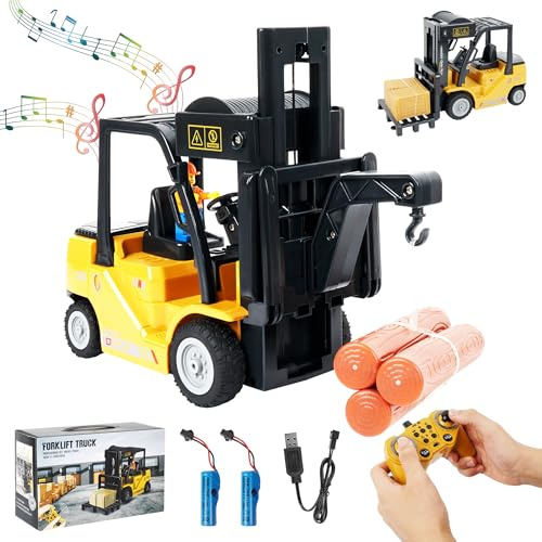 Carrello elevatore RC 2 in 1 forcella e gancio trasformabili carrello elevatore giocattolo per bambini carrello elevatore con telecomando a 11 canali per adulti con 2 batterie, polvere