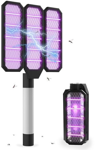 3-in-1 Transformable Electric Fly Swatter & Camping Mosquito Lantern Foldable Bug Zapper with 4000mAh Battery, 3-Mode LED Torch & Hanging Hook – Detachable Handle for Indoor Home Garden Outdoor Travel