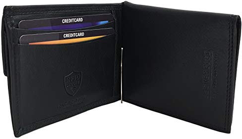 myledershop Rind-Nappa Leder Geldbörse/Geldbeutel/Portemonnaie/Portmonaise/Geldtasche/Portmonee mit Geldklammer und seperaten Kartenfächern mit RFID & NFC Schutz in Schwarz