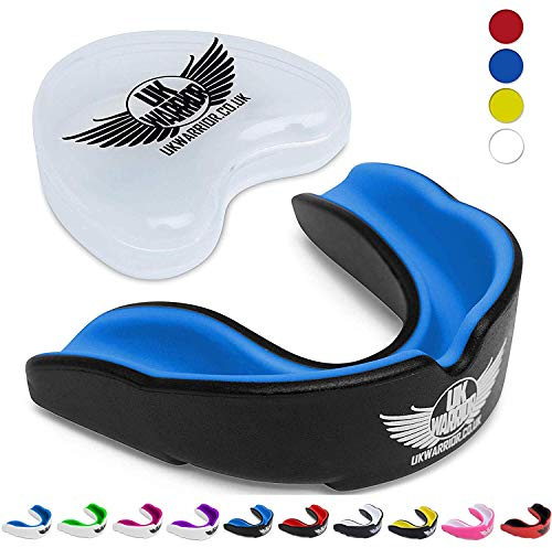UK Warrior Premium Gum Shield Mouth Guard - For Rugby, Boxing, MMA, Muay Thai, Karate, Judo & Contact Sports - BPA Free With Denture Tablets For Sterile Use! (Black & Blue, Child (<6 Years Old))