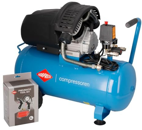 Airpress 36888, Compresor de aire de 2 pistones HL 425-50 8 bar 3 CV / 2,2 kW 260 l/min 50 L + Kit de accesorios neumáticos