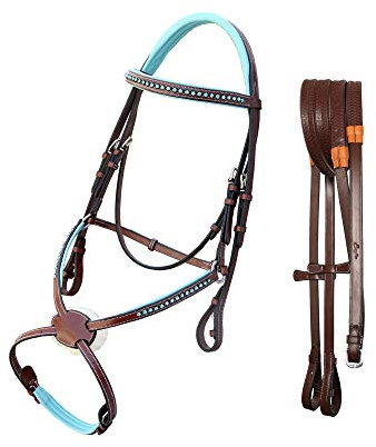 Exion Blue Bling Figure 8 Bridle with Baby Blue Padding – Anatomic Leather Jumping Bridle Set with Rubber Reins – Crystal Browband Mexicana Horse Show Tack, Oak Brown, Cob Full Warmblood