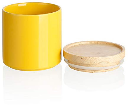 SWEEJAR Kitchen Canisters Ceramic Food Storage Jar, Stackable Containers with Airtight Seal Wooden Lid for Serving Ground Coffee, Tea, Sugar, Salt and More - 455 ml(Yellow)