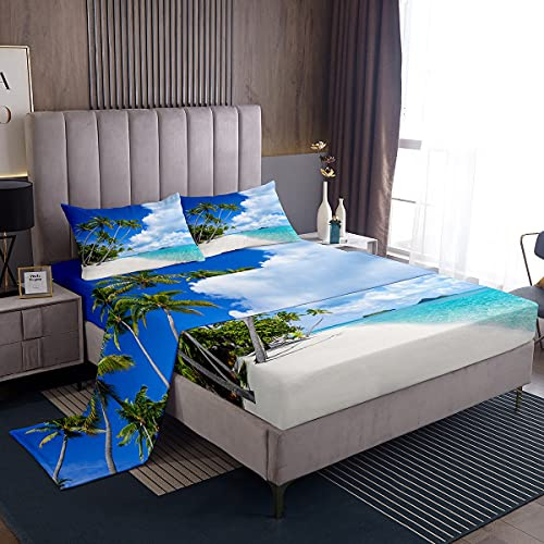 Loussiesd, Juego de sábanas para cama matrimonial, diseño de palmeras hawaianas y olas tropicales, 4 piezas