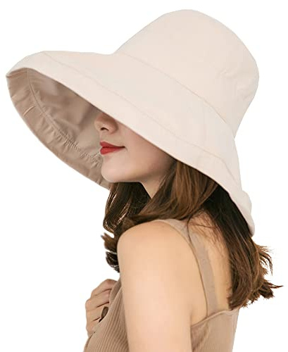 ACMEDE Donna Estate Cappello da Sole Tesa Largo di Cotone UPF 50 + Pieghevole con Corda Antivento, Moda Cappello Secchio Cappelli da Pesca All'aperto Protezione UV a Tesa Larga 14cm