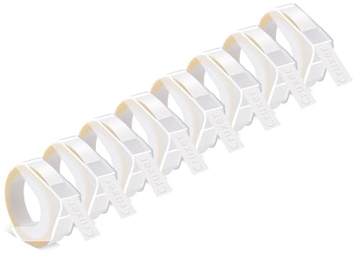 Cruxer Lot de 8 rubans de gaufrage de rechange pour Dymo Omega - 9 mm x 3 m - Blanc sur étiquettes en vinyle transparent pour étiqueteuses Dymo Omega Junior