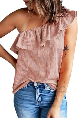 Dokotoo Womens One Shoulder Tops Ruffled Shirts Loose Tank Top Pink 2XL