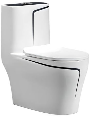 EGO INTERIORS Royalty Line | Einteiliges Stand-WC mit eingebautem Spülkasten | schwarz-weiße Keramik | randlos | Sitz mit Soft-Close-Absenkautomatik | Quick-Release-Scharniere